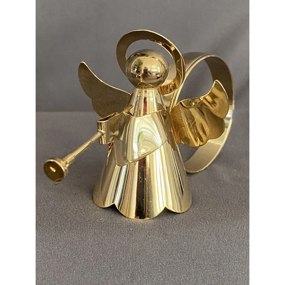 CHRISTMAS ANGEL TRUMPET BRASS GOLD TONE NAPKIN RINGS HOLDERS PLAYING TRUMPET SET